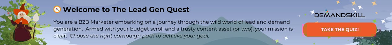 a graphic with a cute witch and copy pointing to the Lead Gen Quest quiz with magical stars and a 'take the quiz!' button